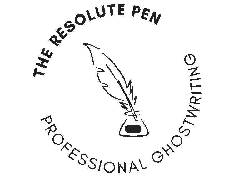 The Resolute Pen Logo, Variable sans serif font in circle orientation, feather pen and ink illustration in middle